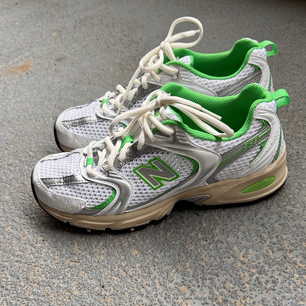 New Balance 530 White and Green Athletic Sneakers